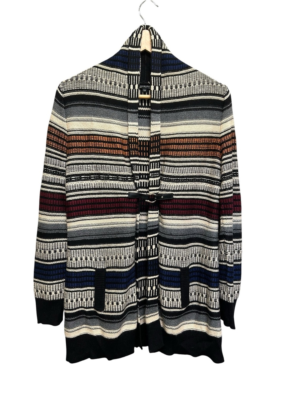 Renuar Southwestern Aztec Knit Cardigan Sweater Size S Striped Buckle Pockets